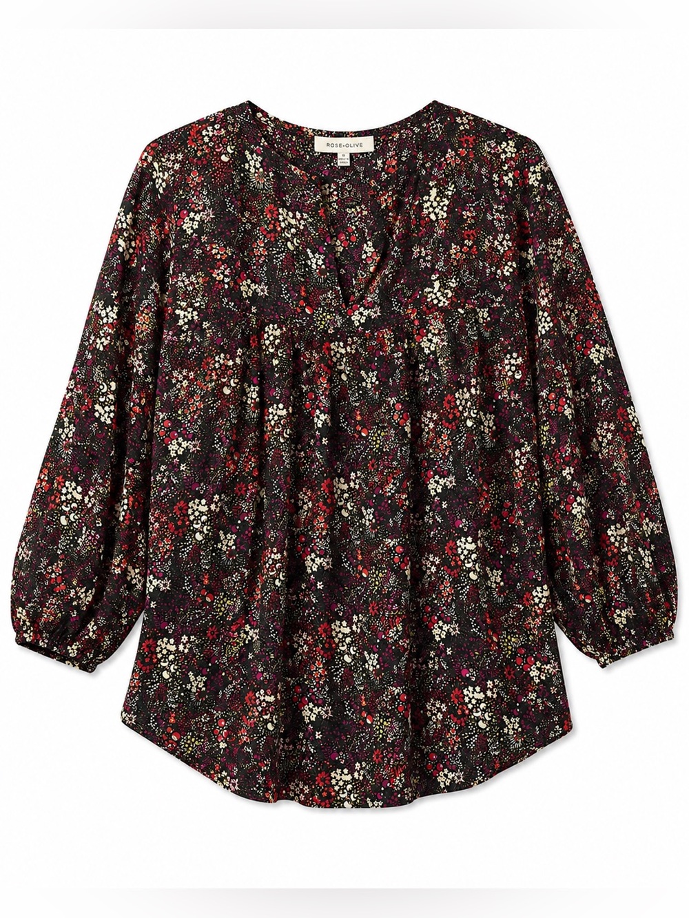 Rose & Olive Black Floral Split V-Neck Blouse 1X Flowy Blouse